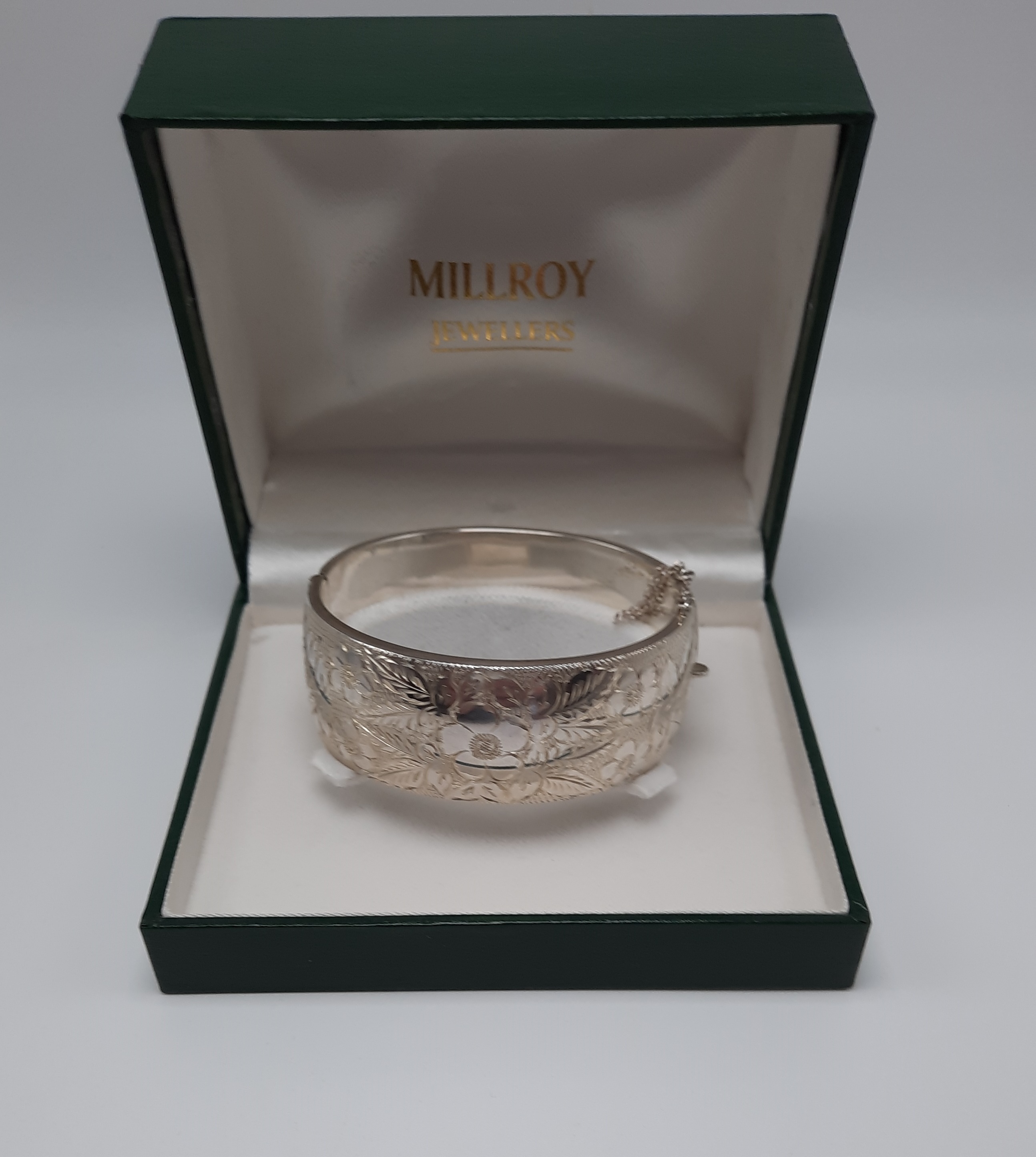 Vintage Sterling Silver Wide Floral Engraved Bangle - Boxed