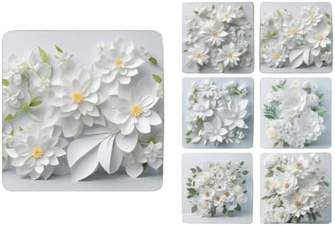 Set of 6 White Flower Square MDF Coaster - Set-21