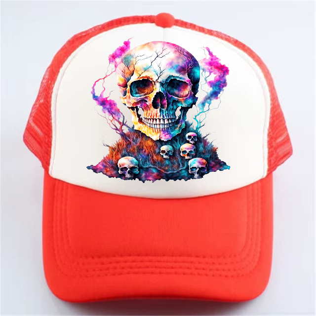 Red Baseball Cap with Cool Air Back - Skulls