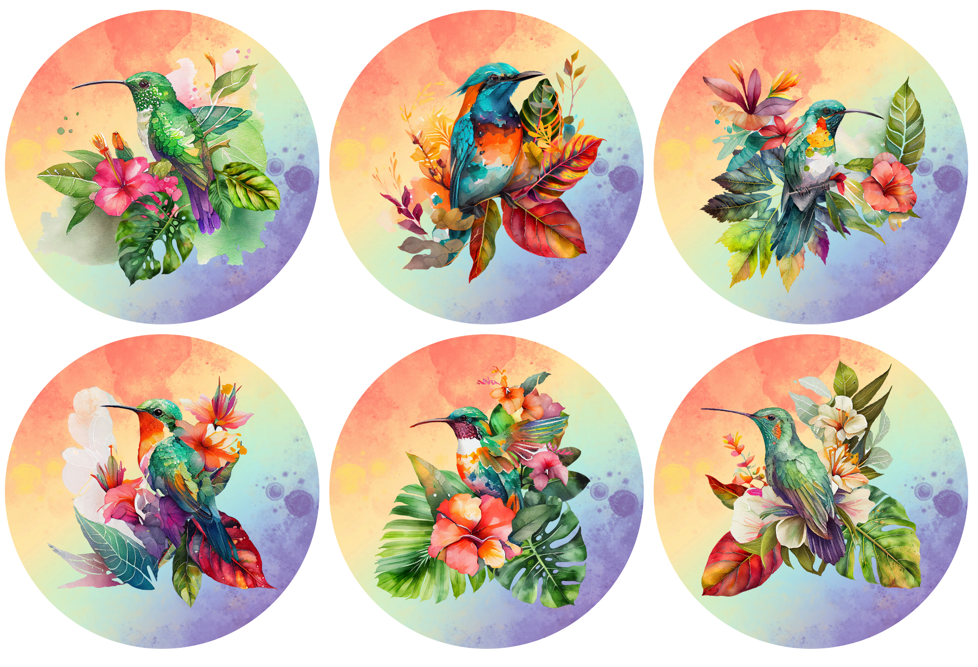 Set of 6 Hummingbird Round MDF Coaster - Set-29