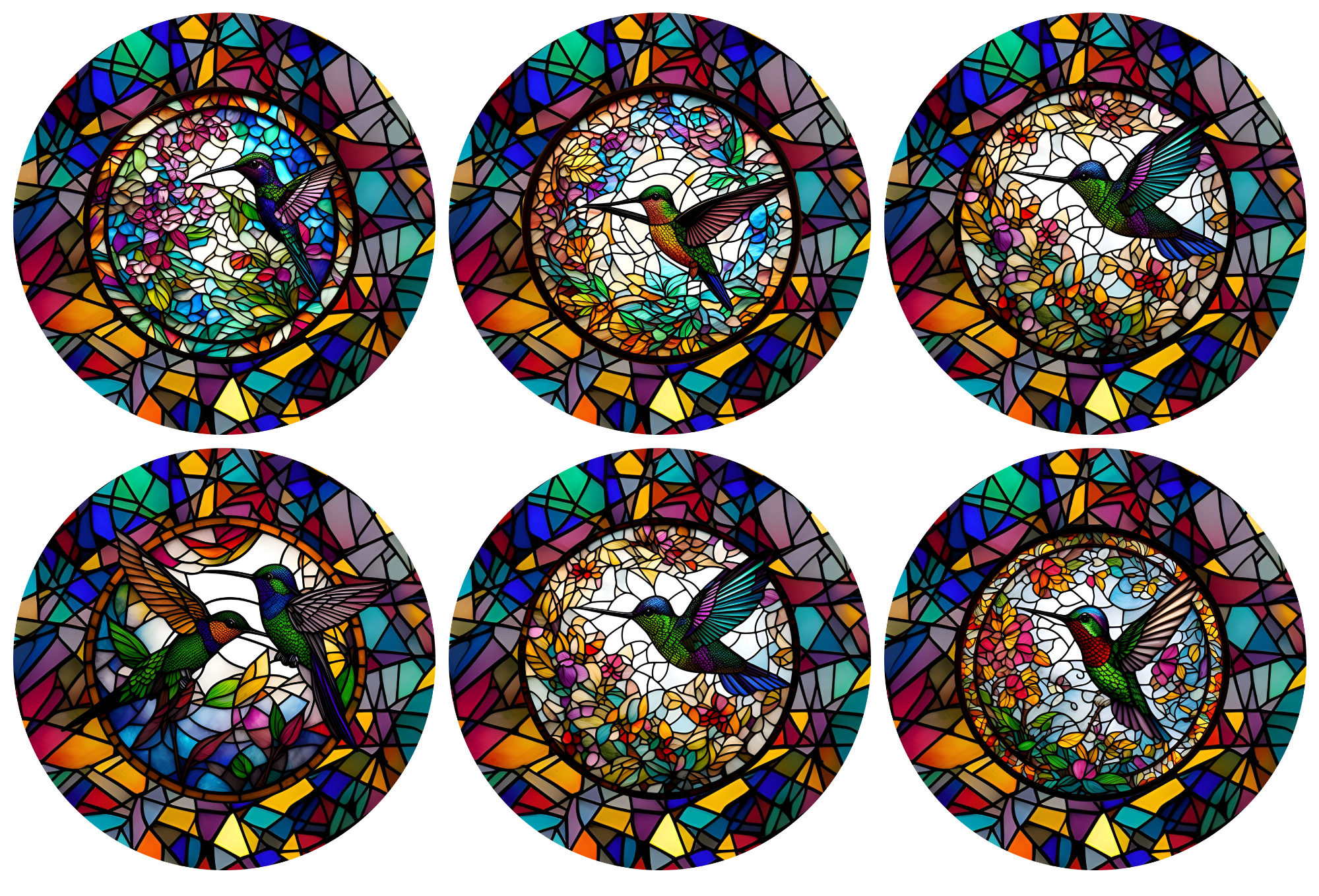 Set of 6 Stained Glass Effect Hummingbird Round MDF Coaster - Set-28