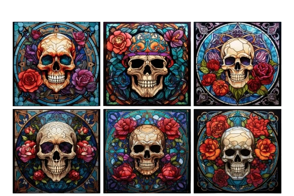 Set of 6 Skull Stained Glass Effect Square MDF Coaster - Set-31