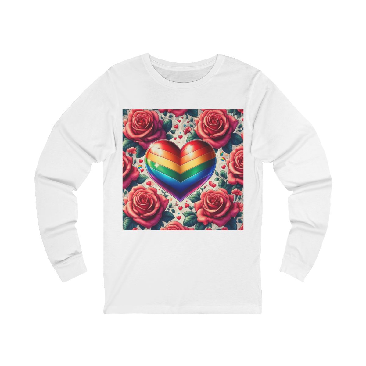 Rainbow Stripe Love Heart And Pink Roses Long Sleeve T-Shirt Rainbow Stripe Love Heart And Pink Roses Long Sleeve T-Shirt
