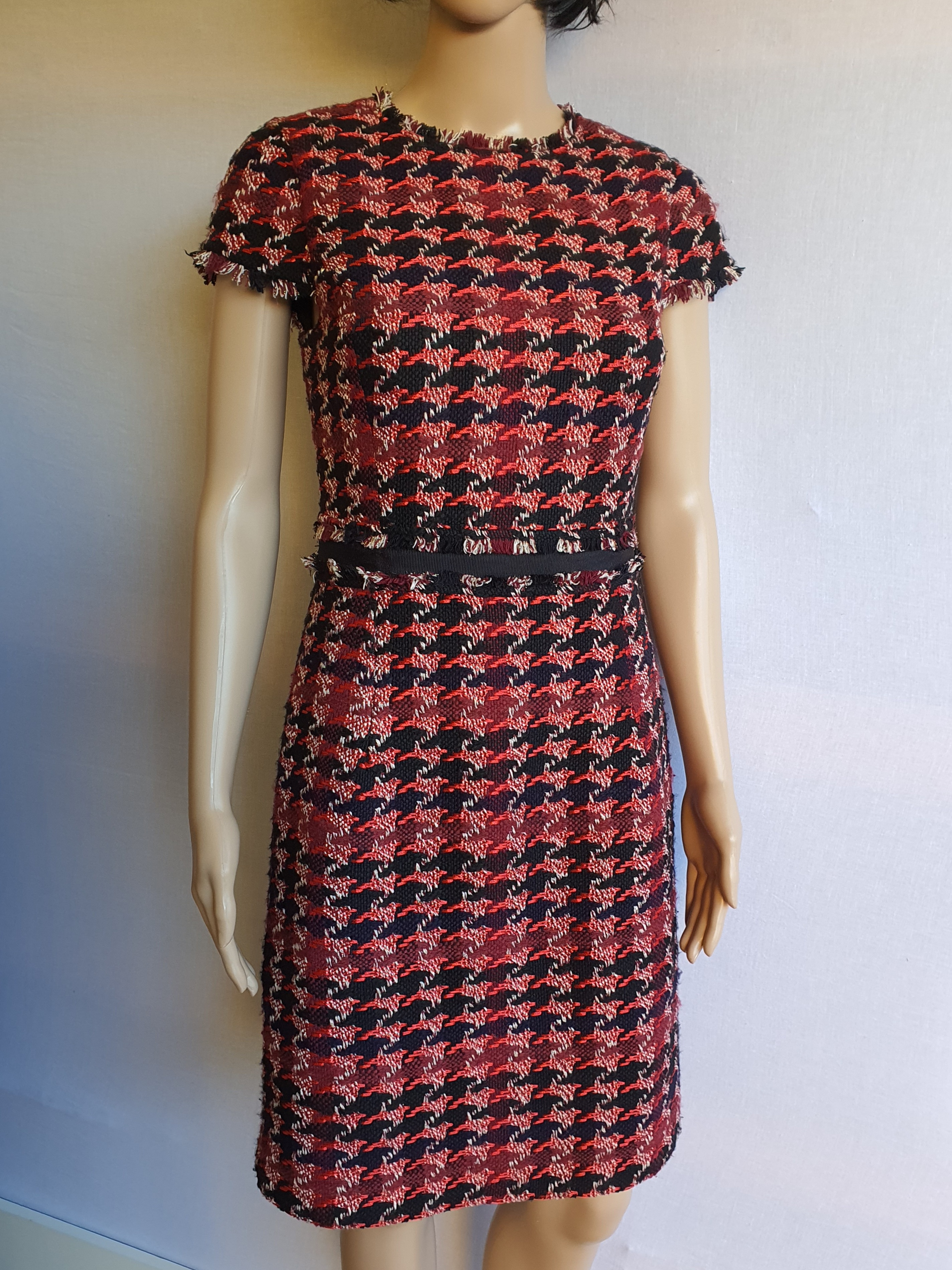 HOBBS Angeline Red Cotton Tweed Short Sleeve Raw Edge Dress UK 8
