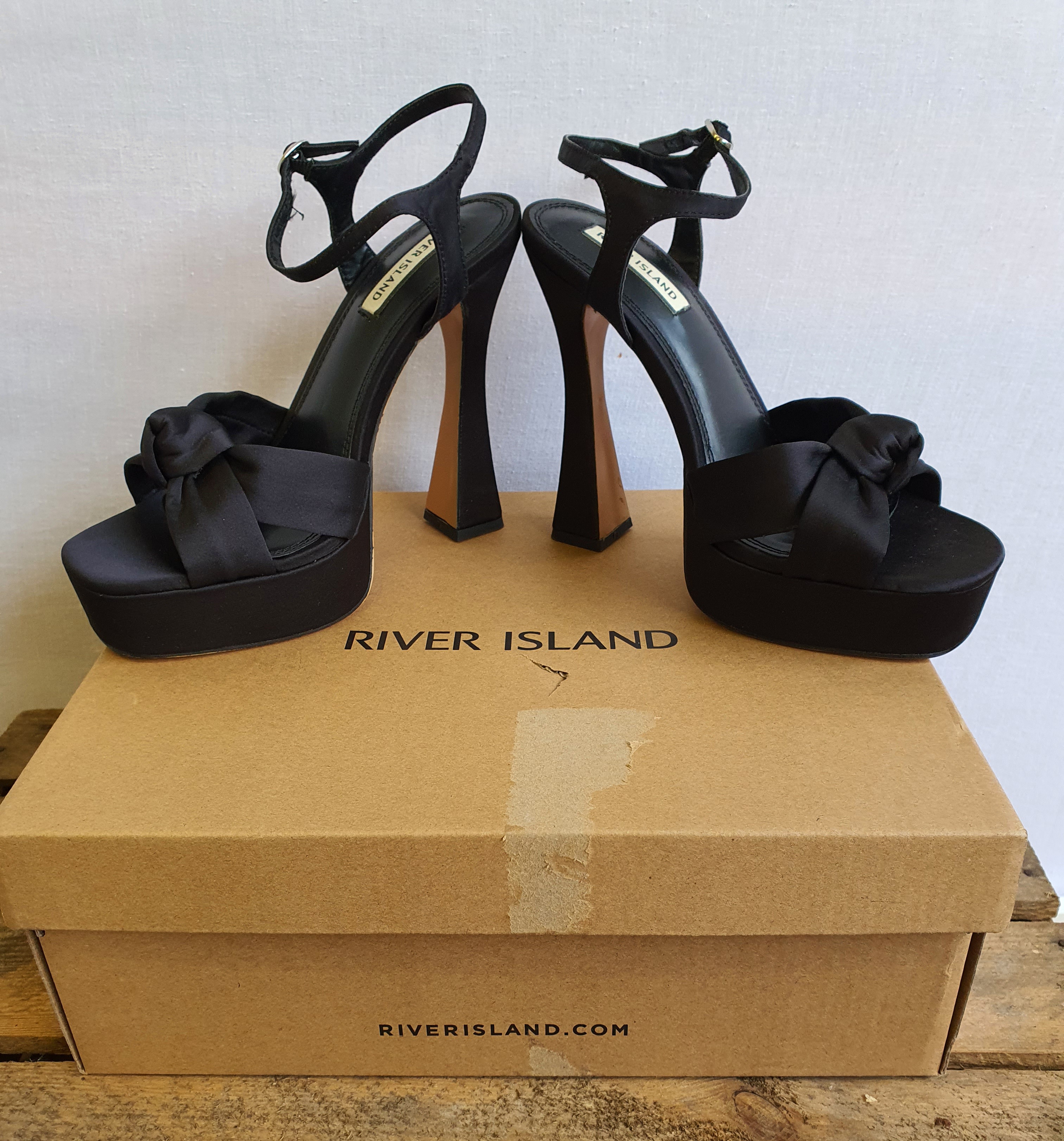 RIVER ISLAND Black Bow 5" Heeled Shoes Size UK5 NEW BOXED