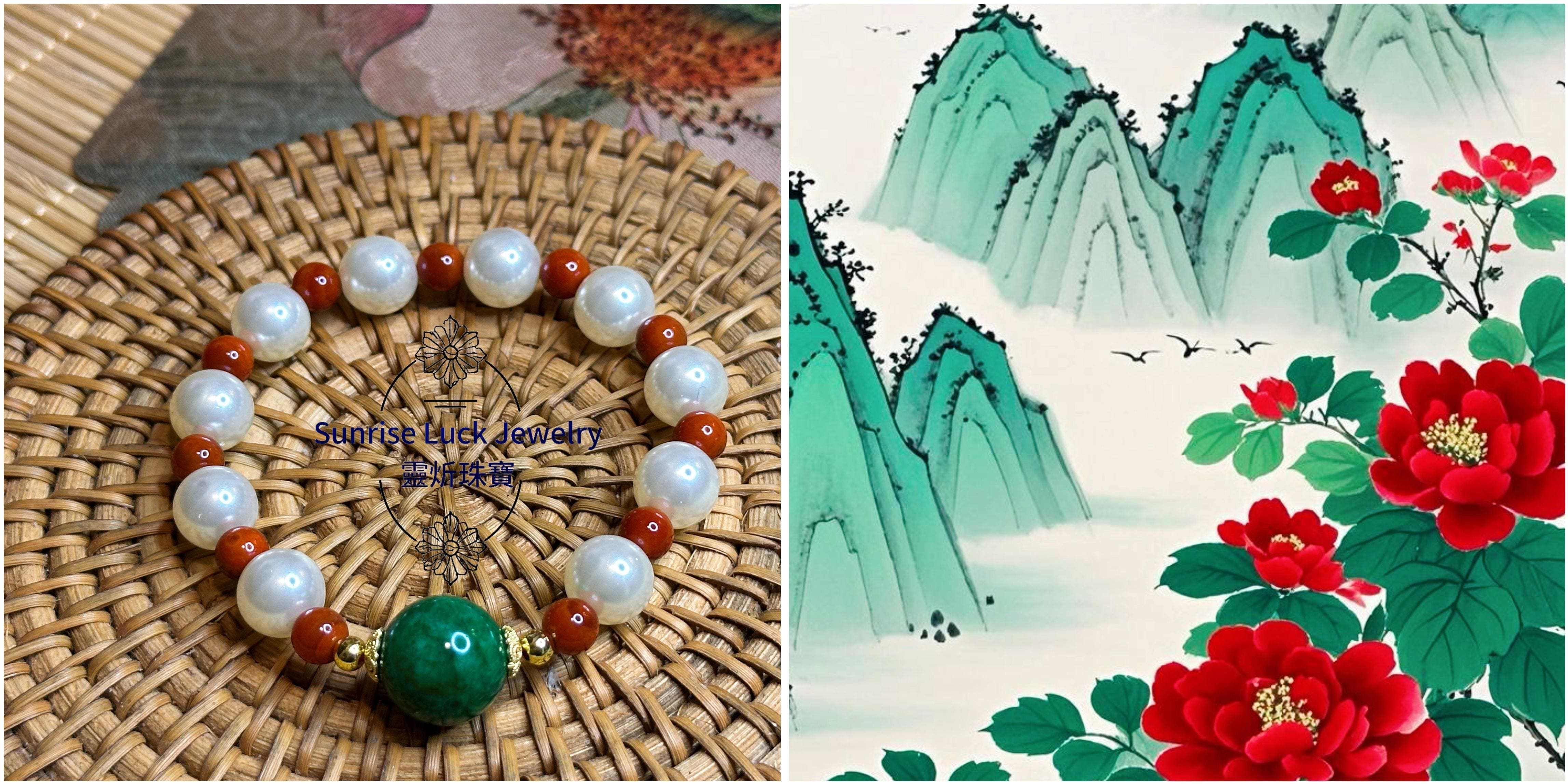 Mother-of-pearl & South Red Agate Bracelet 干青翡翠南紅貝母珠手串