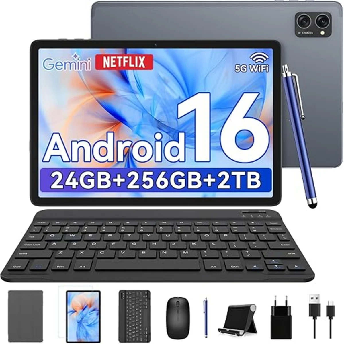 Android 16 Tablet with Keyboard, 24GB +256GB/2TB, Gemini Ai 3.5