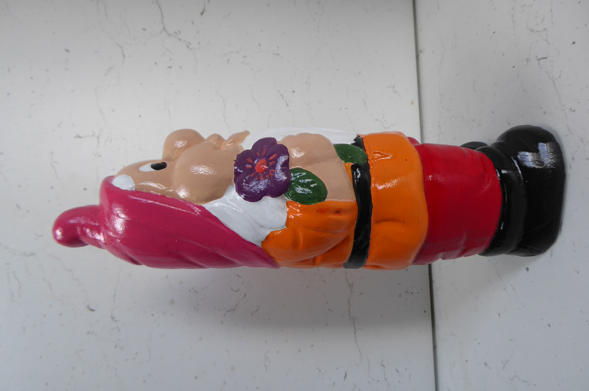 Handcrafted & Hand Painted Garden Gnome Holding Purple Flower 25cm tall Cast Stone