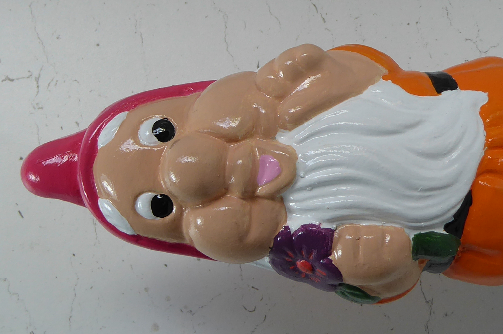 Handcrafted & Hand Painted Garden Gnome Holding Purple Flower 25cm tall Cast Stone