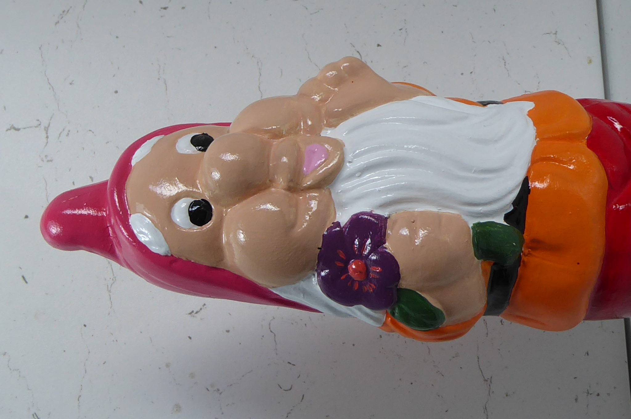 Handcrafted & Hand Painted Garden Gnome Holding Purple Flower 25cm tall Cast Stone
