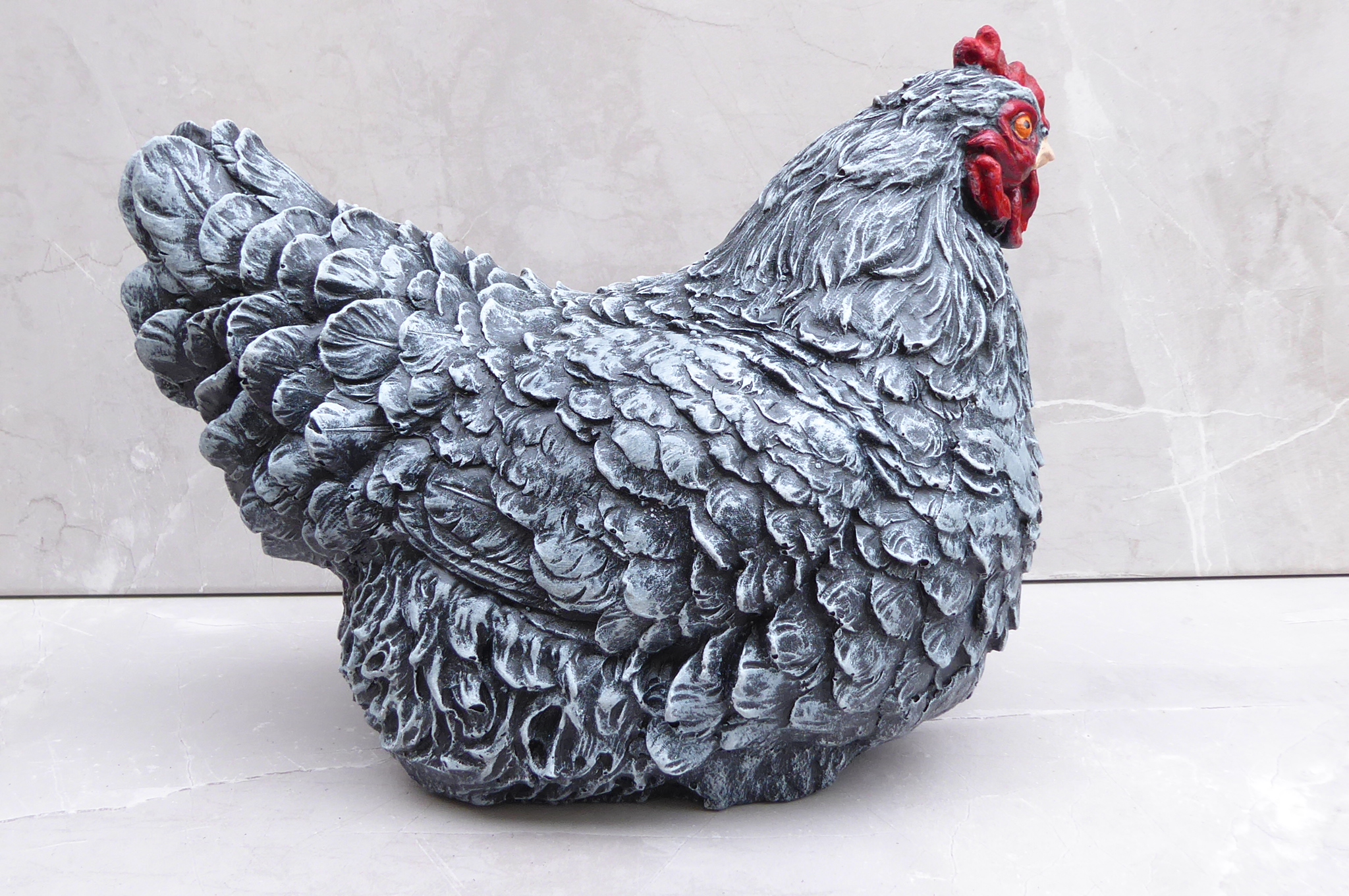 Handcrafted Aged Stone Affect With Some Colour Detail Cast Stone Hen Chicken Garden Ornament Statue