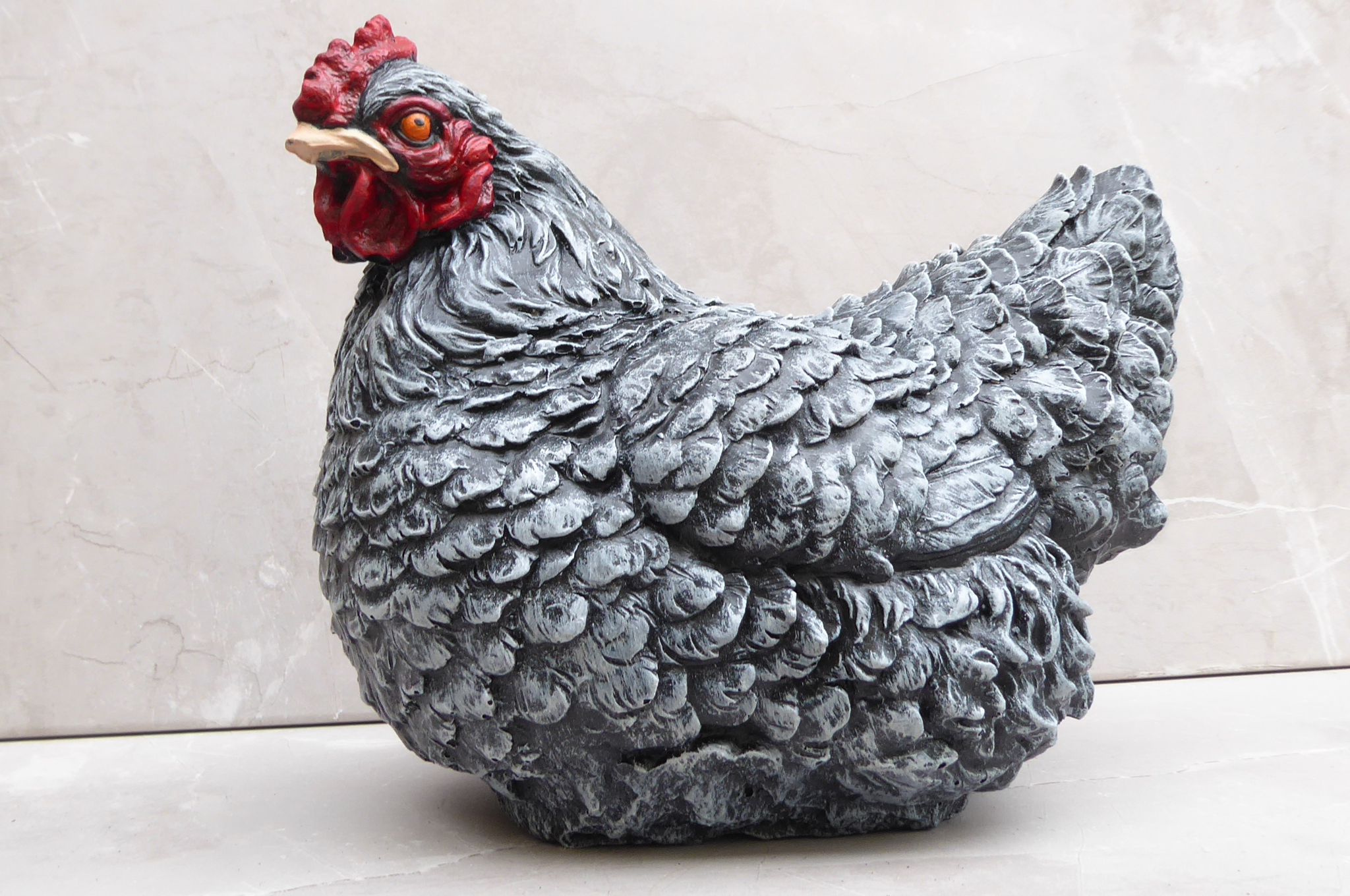 Handcrafted Aged Stone Affect With Some Colour Detail Cast Stone Hen Chicken Garden Ornament Statue