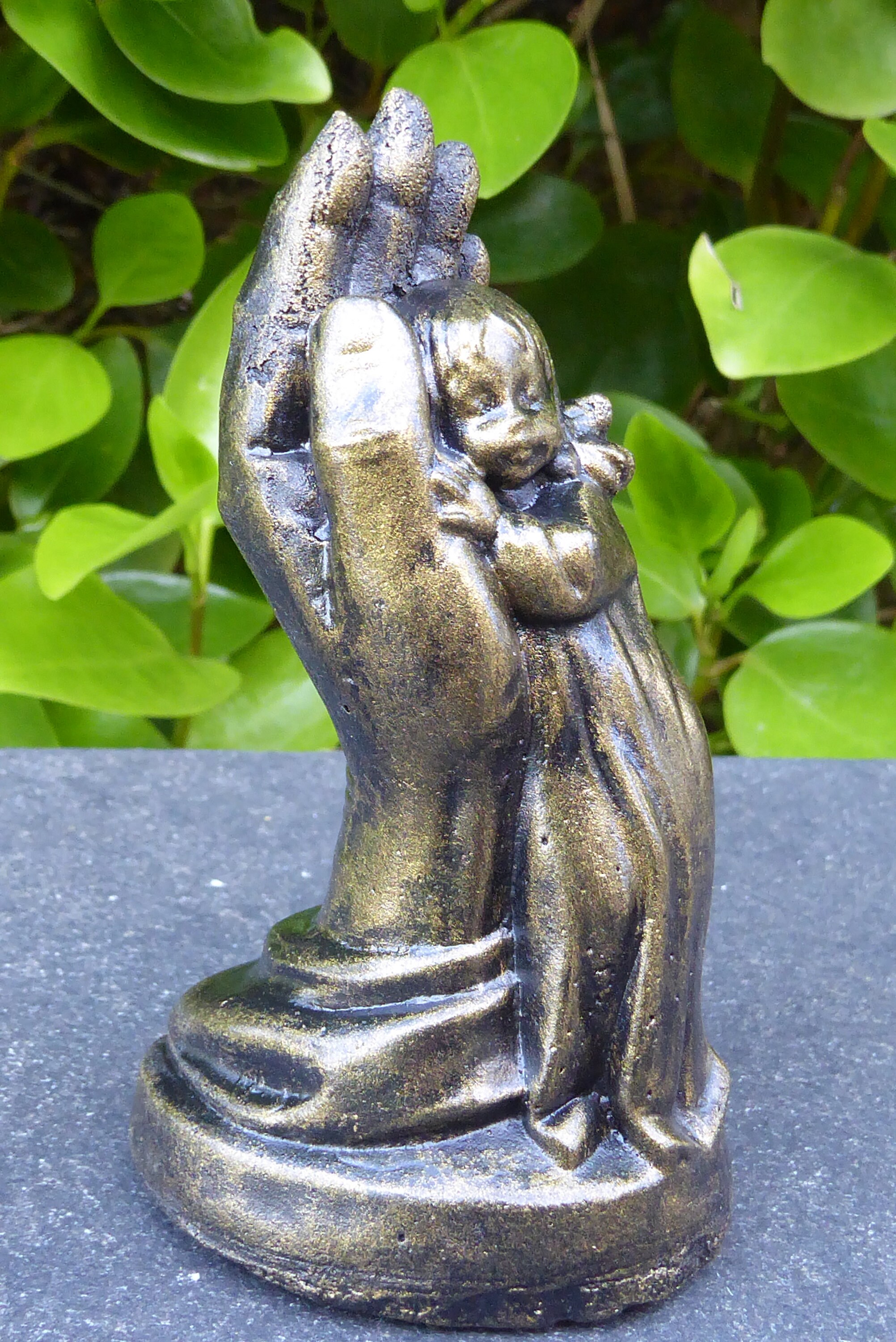 Exquisite Aged Brass Effect Child in Hand Cast Stone Garden Ornament 10cm tall