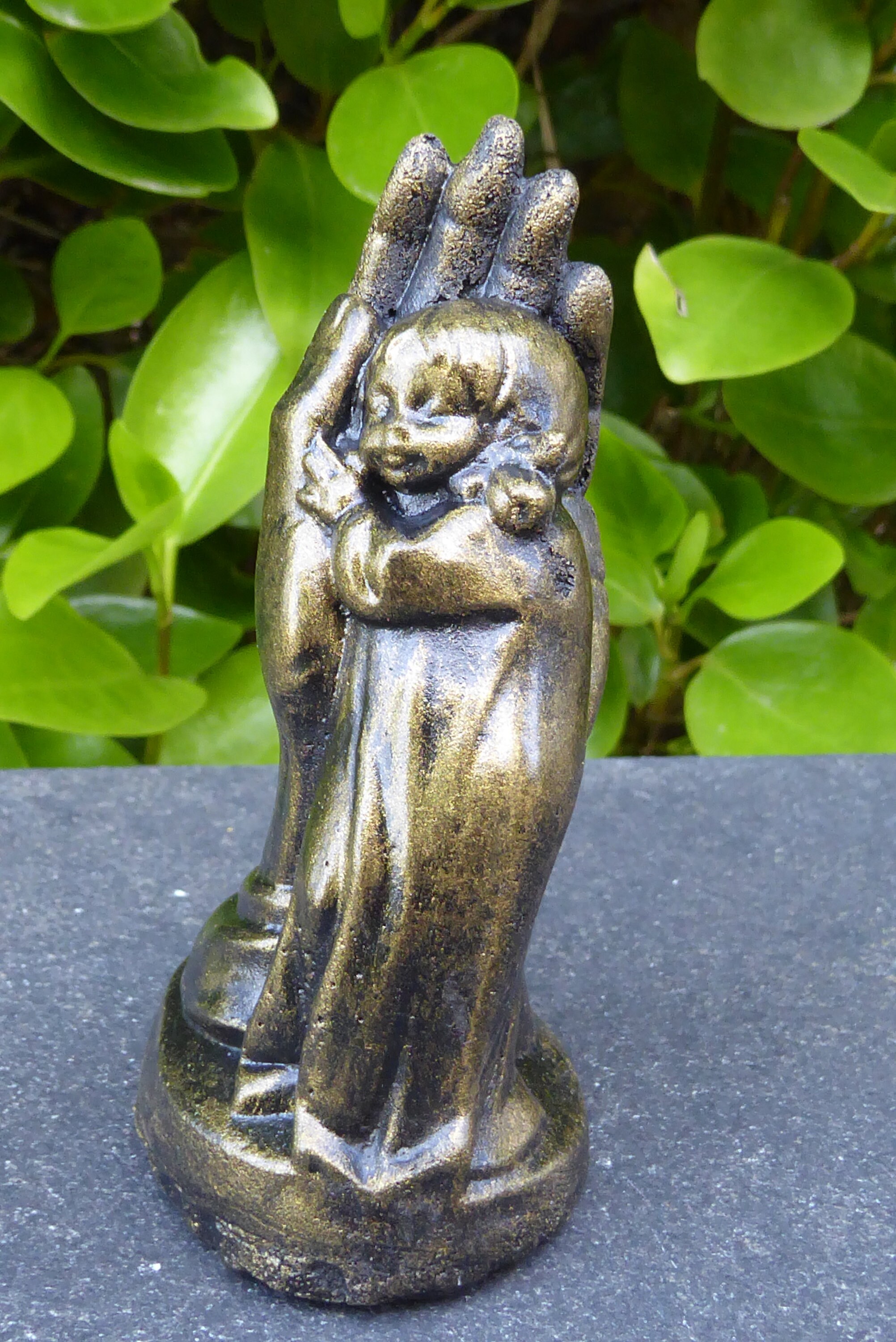 Exquisite Aged Brass Effect Child in Hand Cast Stone Garden Ornament 10cm tall