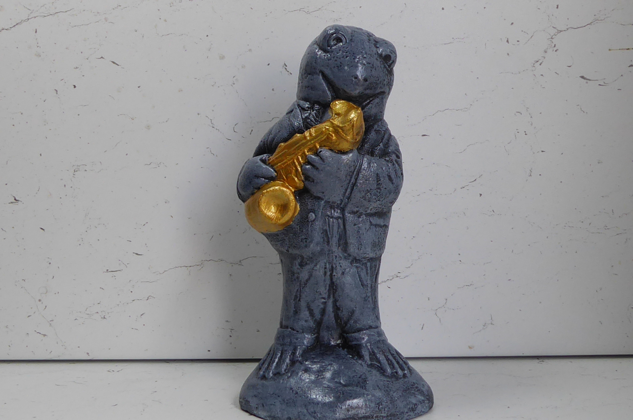 Frog Saxophone Player Aged Effect with Brass Coloured Sax Detail Cast Stone Garden Ornament