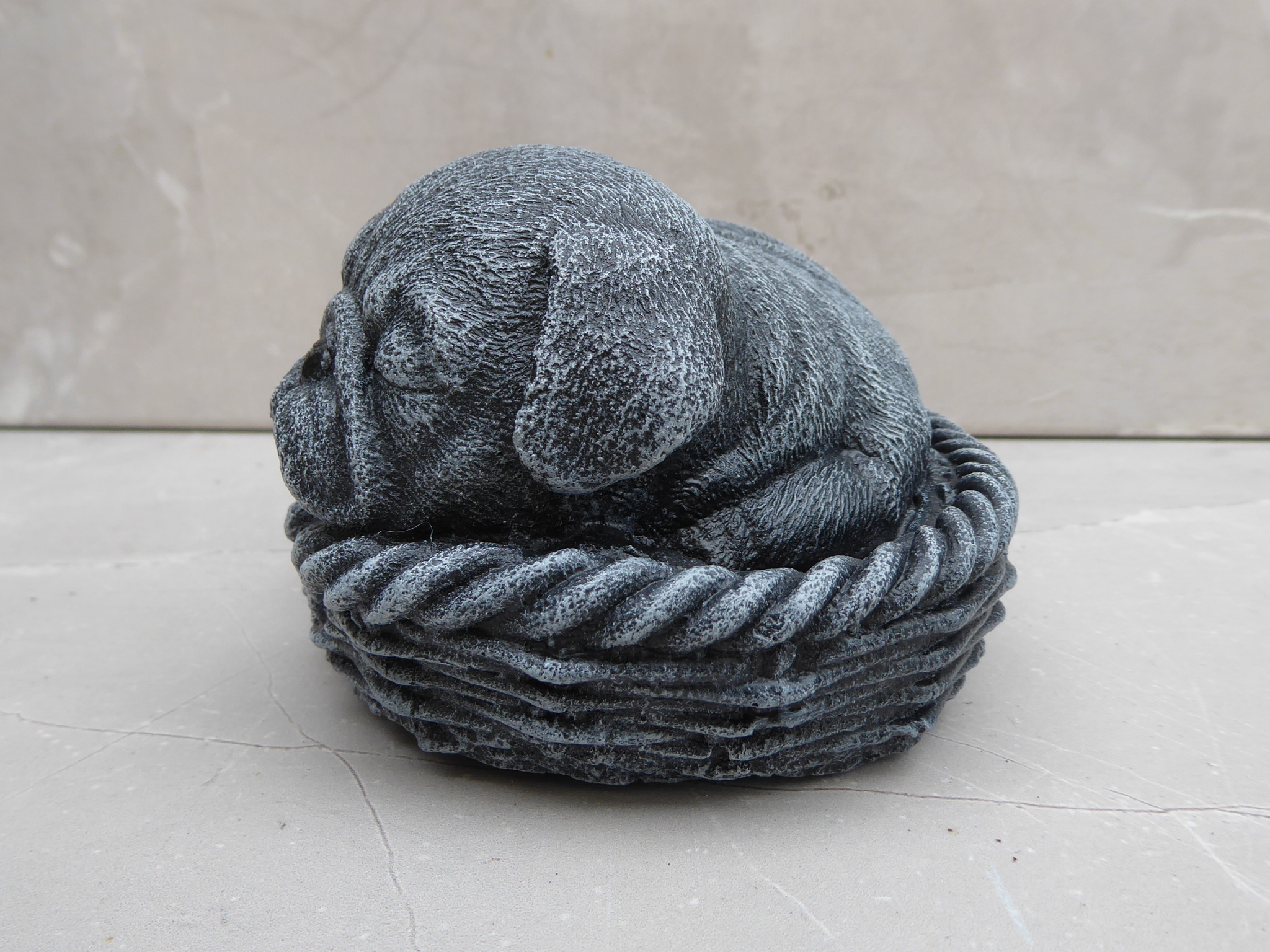 Cast Stone Handcrafted Pug Sleeping in Basket Garden Ornament 16cm long