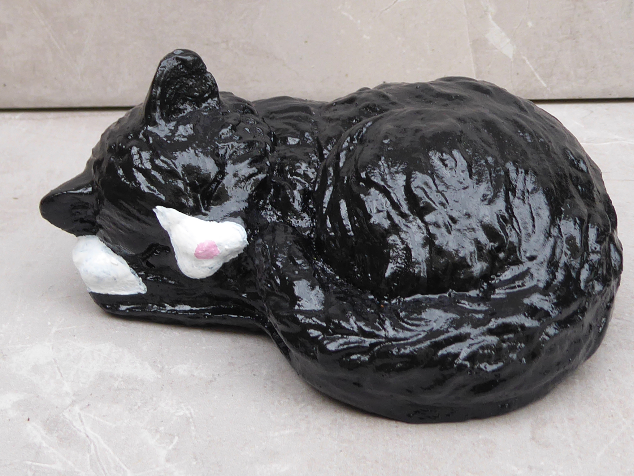Handcrafted Cute Sleeping Black & White Cat Kitten Cast Stone Garden Ornament