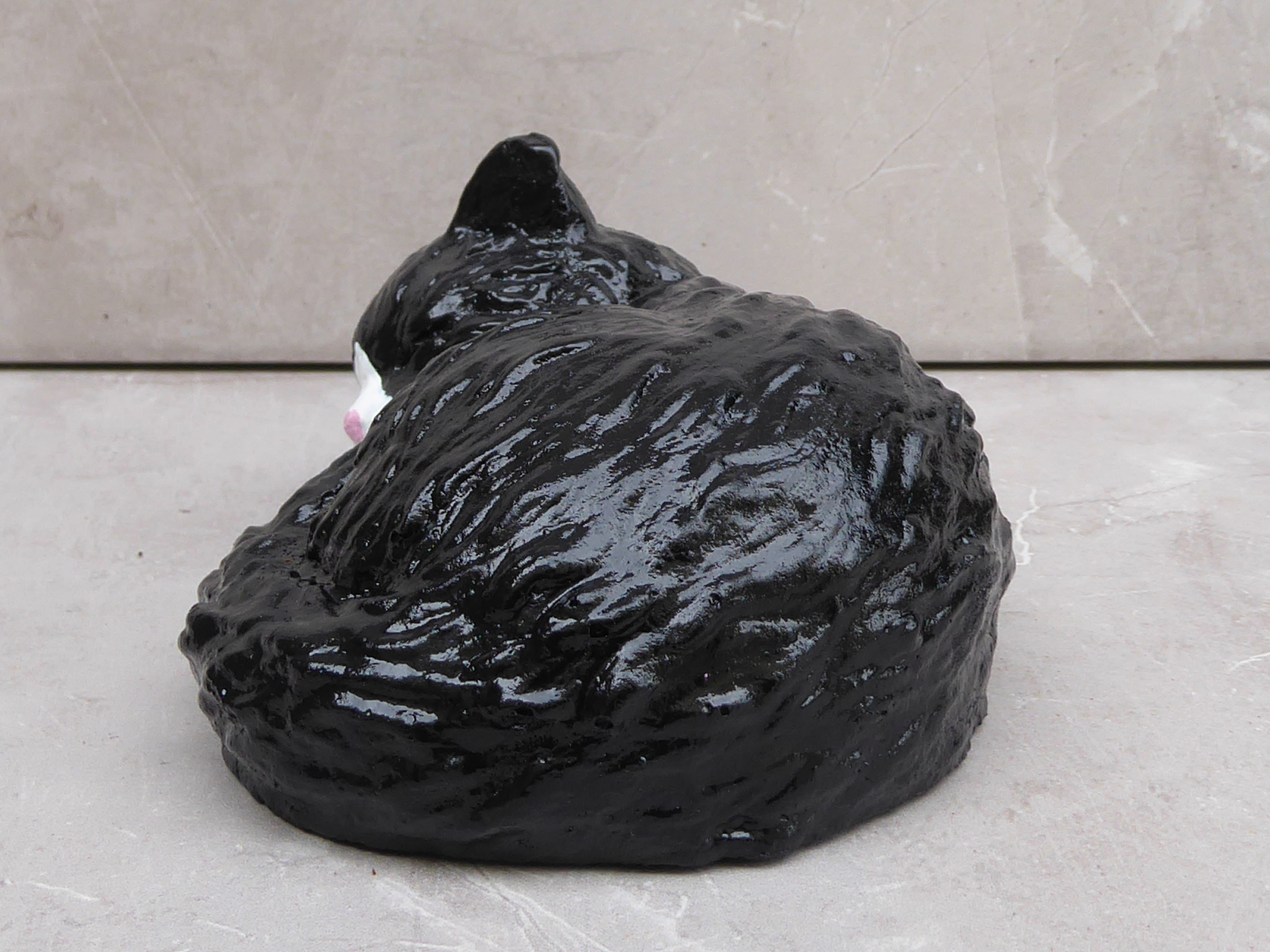 Handcrafted Cute Sleeping Black & White Cat Kitten Cast Stone Garden Ornament