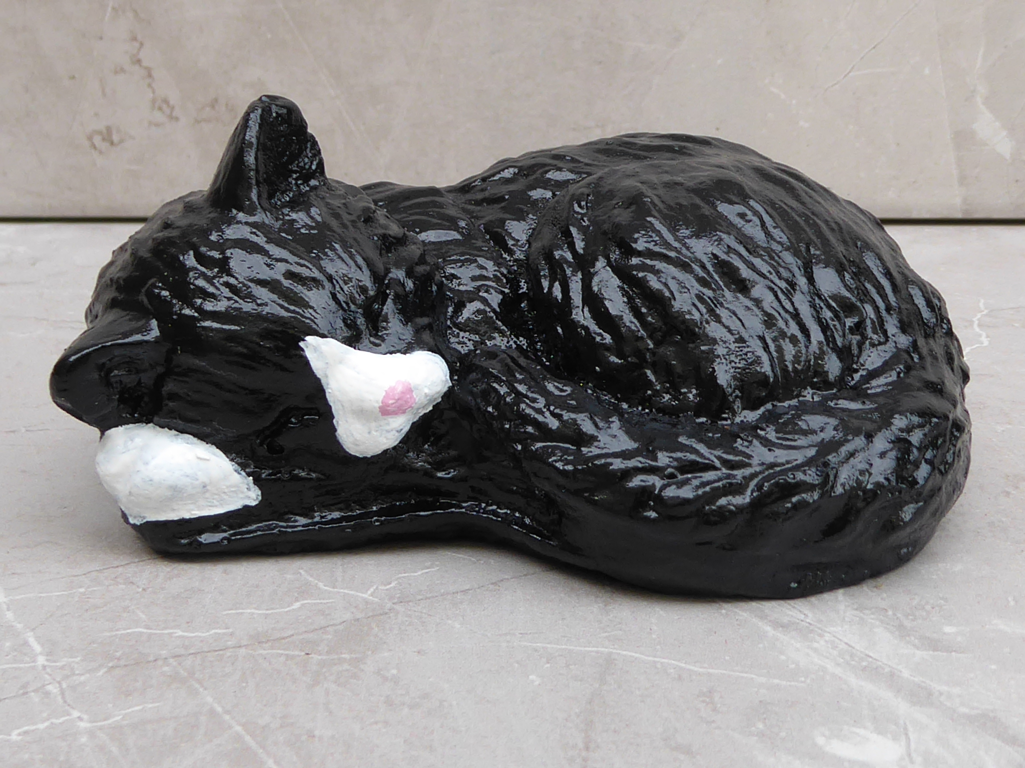 Handcrafted Cute Sleeping Black & White Cat Kitten Cast Stone Garden Ornament