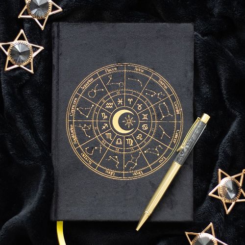 Astrology Wheel Velvet Journal with Black Obsidian Pen