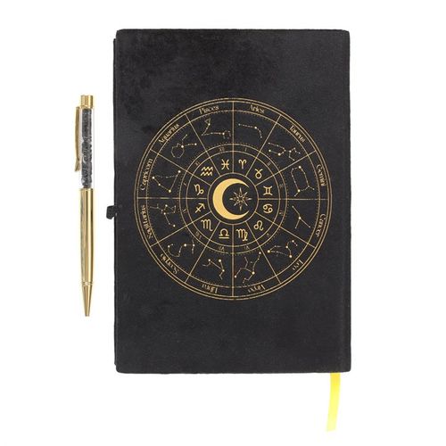 Astrology Wheel Velvet Journal with Black Obsidian Pen