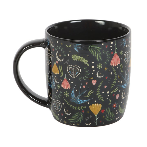 Black Midnight Bloom Floral Print Ceramic Mug 350ml