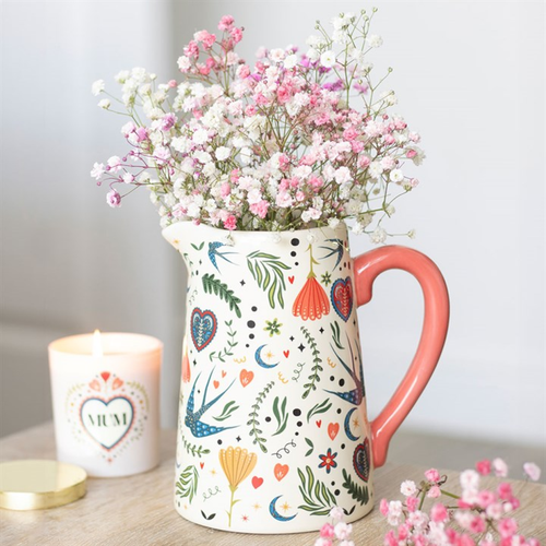 Cream Folk Print Ceramic Flower Jug Vase