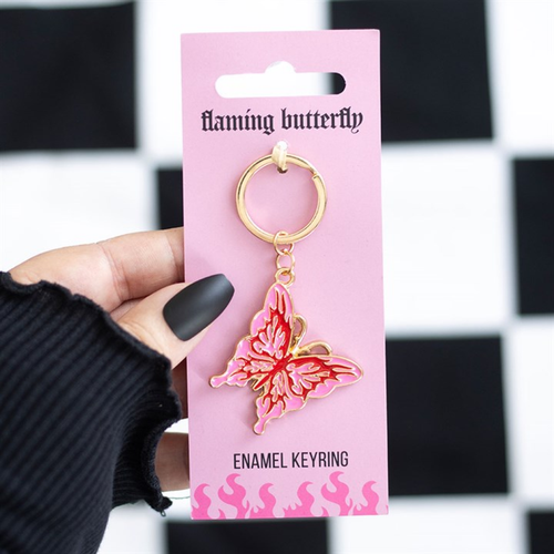 Pink and Red Flaming Butterfly Enamel Keyring