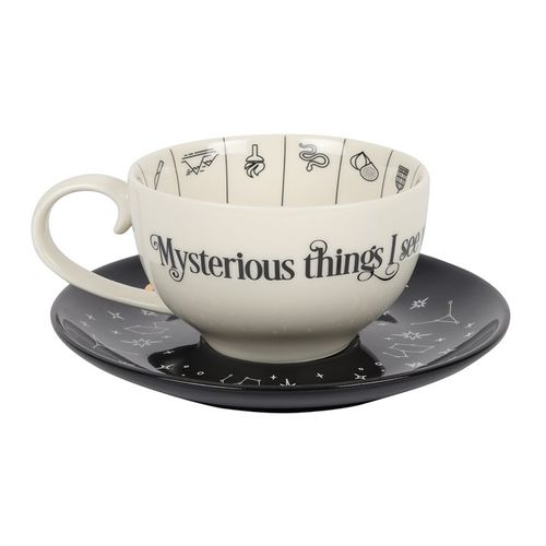 Fortune Telling Ceramic Teacup and Saucer with Gold Astrological Symbols