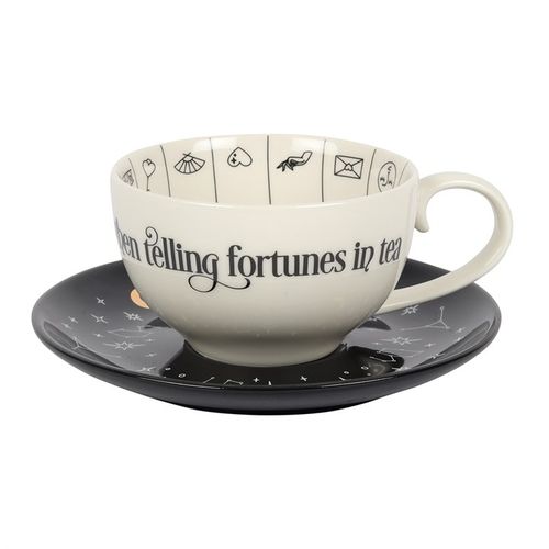Fortune Telling Ceramic Teacup and Saucer with Gold Astrological Symbols