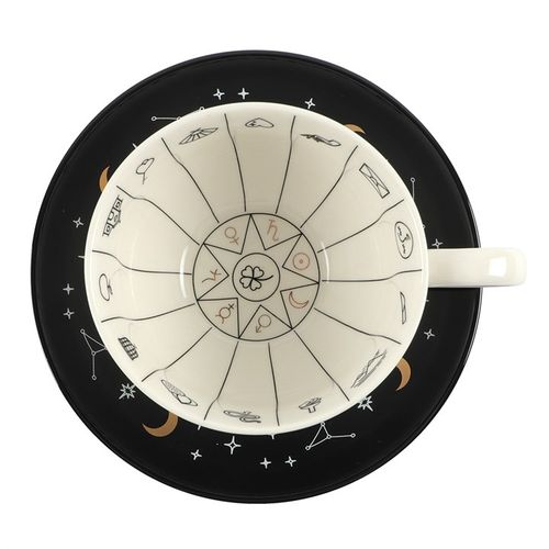 Fortune Telling Ceramic Teacup and Saucer with Gold Astrological Symbols