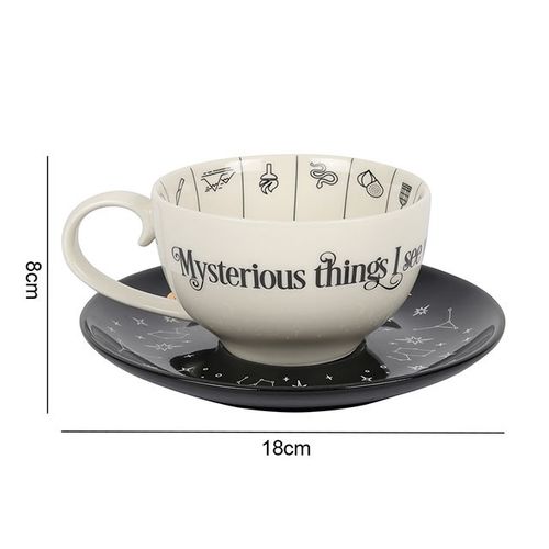 Fortune Telling Ceramic Teacup and Saucer with Gold Astrological Symbols