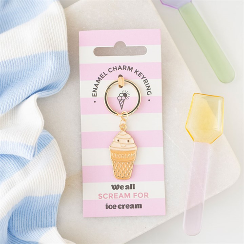 Pink Ice Cream Cone Enamel Keyring for Keys and Bags