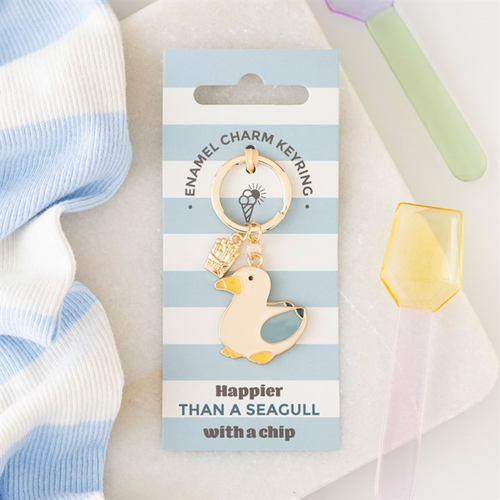 Seagull and Chips Enamel Keyring – Coastal Gift for Keys and Bags