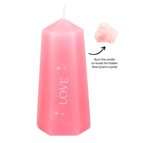 Love Crystal Candle with Hidden Rose Quartz, Pink Tower Design