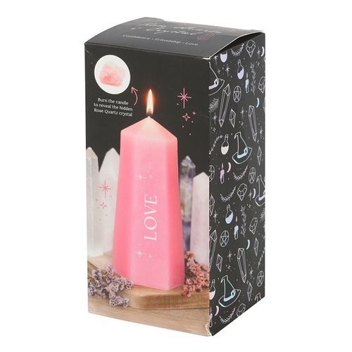 Love Crystal Candle with Hidden Rose Quartz, Pink Tower Design