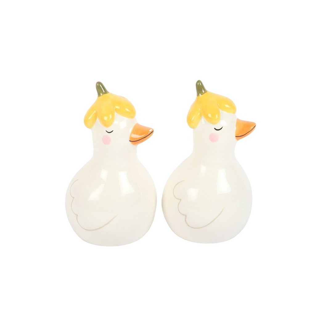 Daisy & Duck Ceramic Salt and Pepper Shakers with Floral Hats