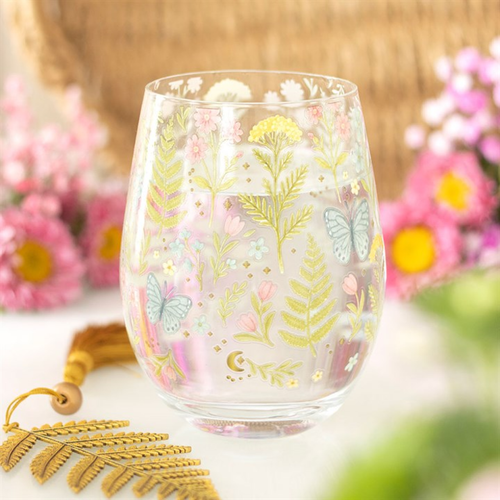 Luna Bloom Floral Print Stemless Glass 450ml for Spring Drinks