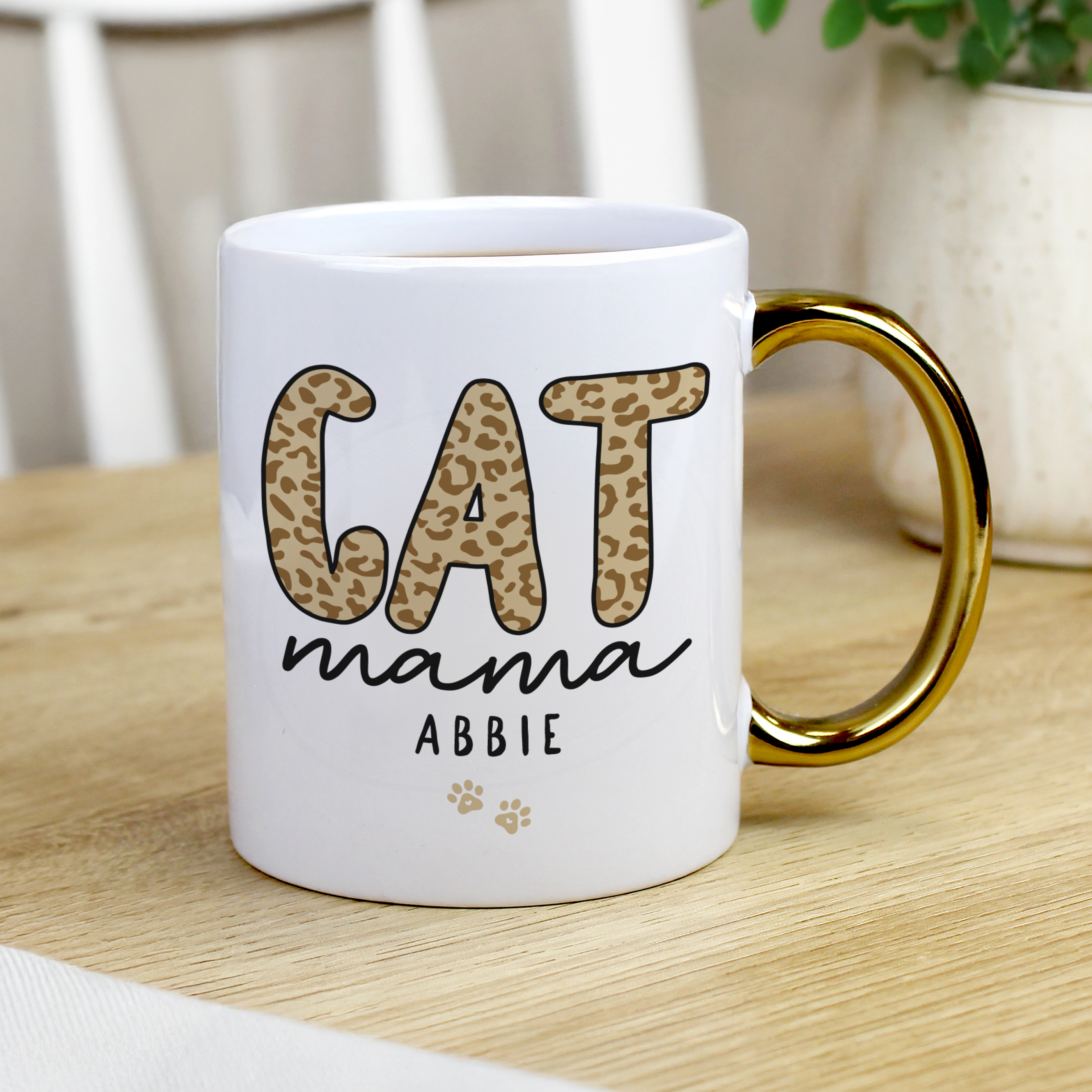 Personalised Cat Mama Mug with Gold Handle Ceramic Gift