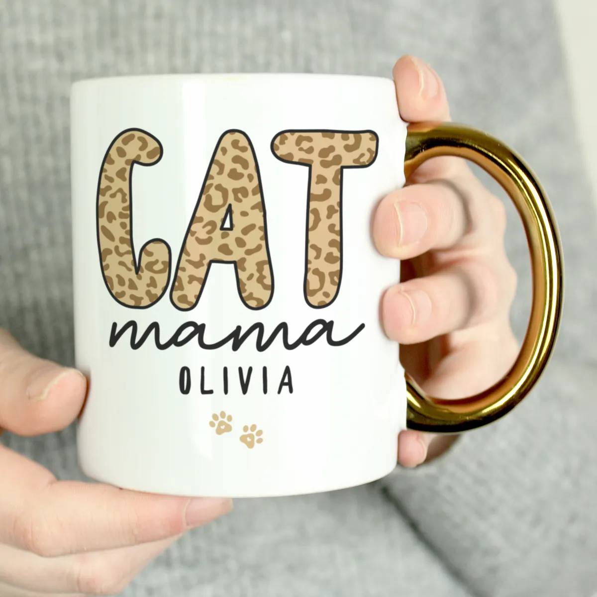 Personalised Cat Mama Mug with Gold Handle Ceramic Gift