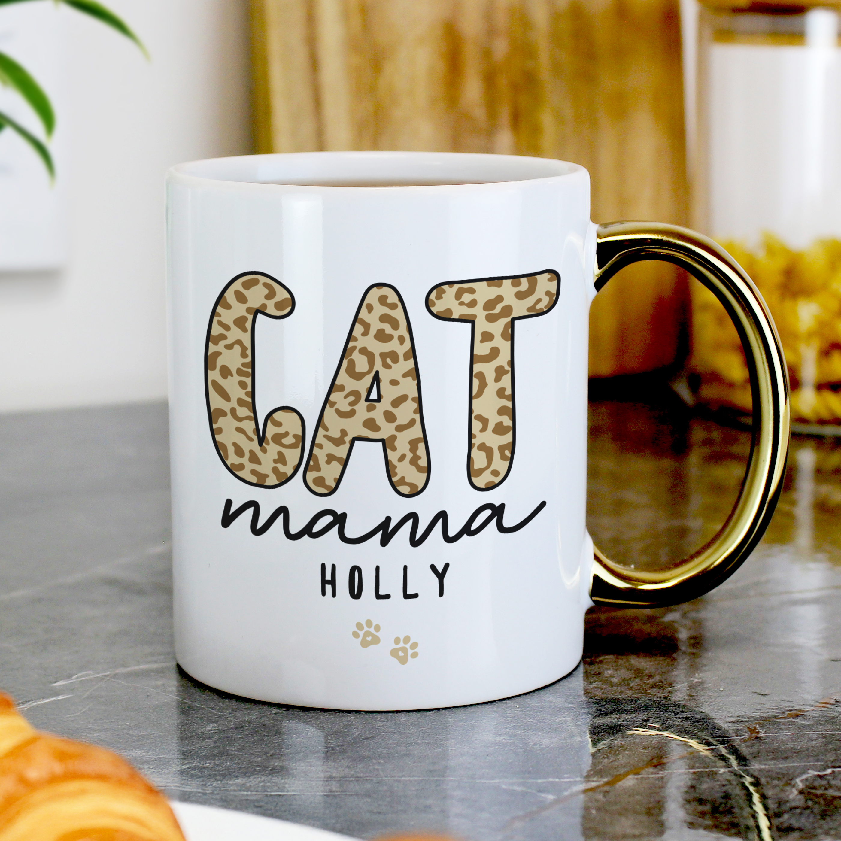 Personalised Cat Mama Mug with Gold Handle Ceramic Gift