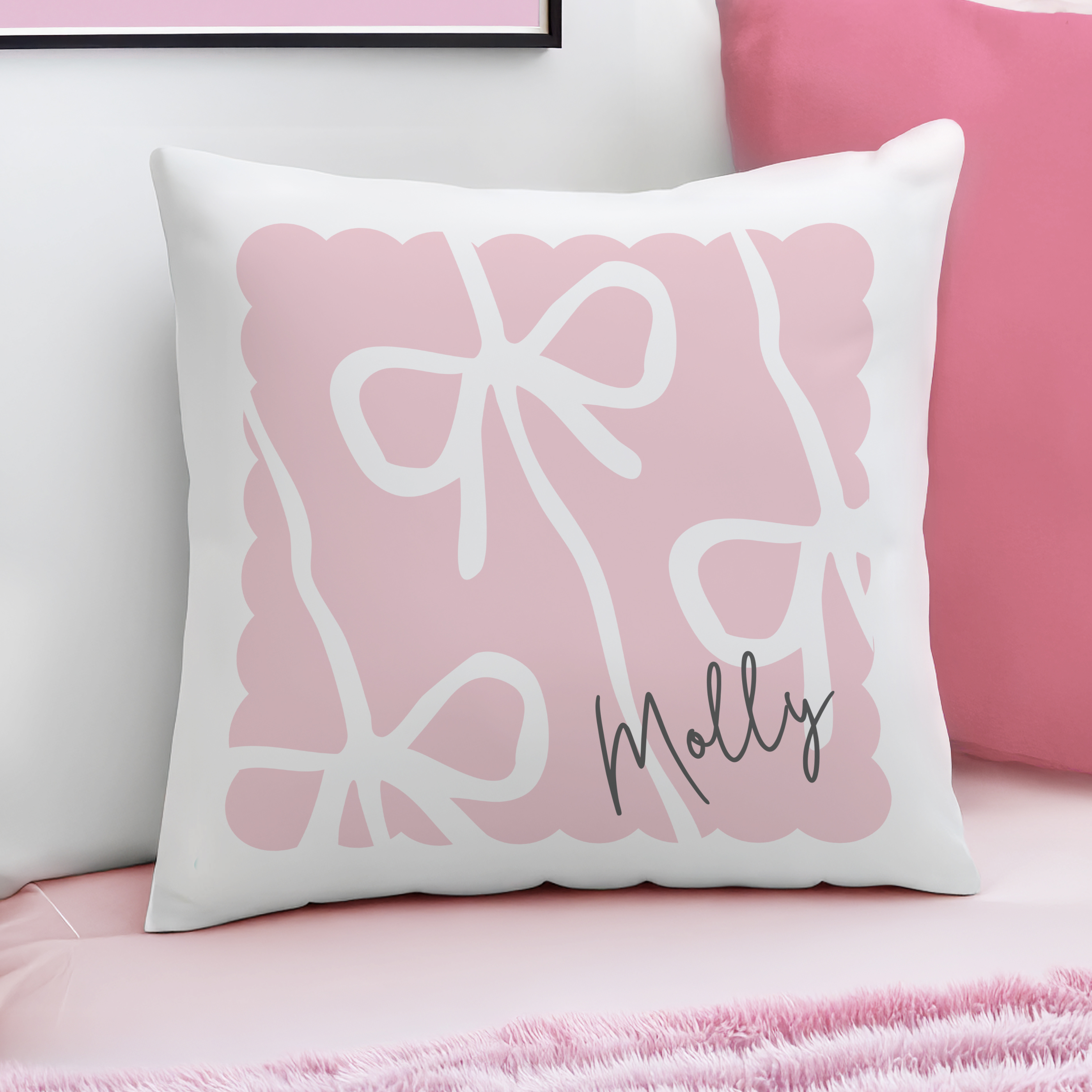Personalised Pink Bow Cushion with Name 40cm Decorative Pillow