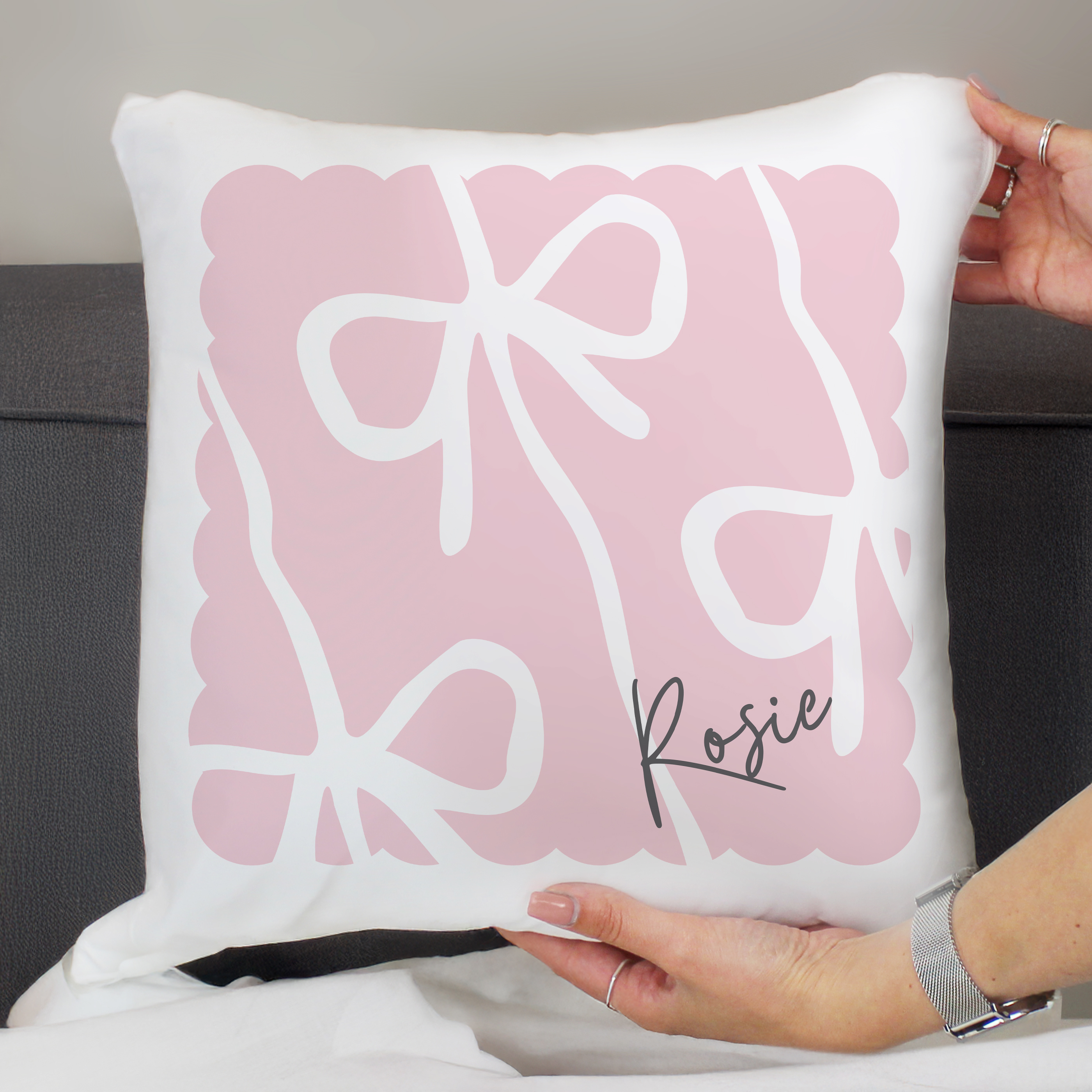 Personalised Pink Bow Cushion with Name 40cm Decorative Pillow