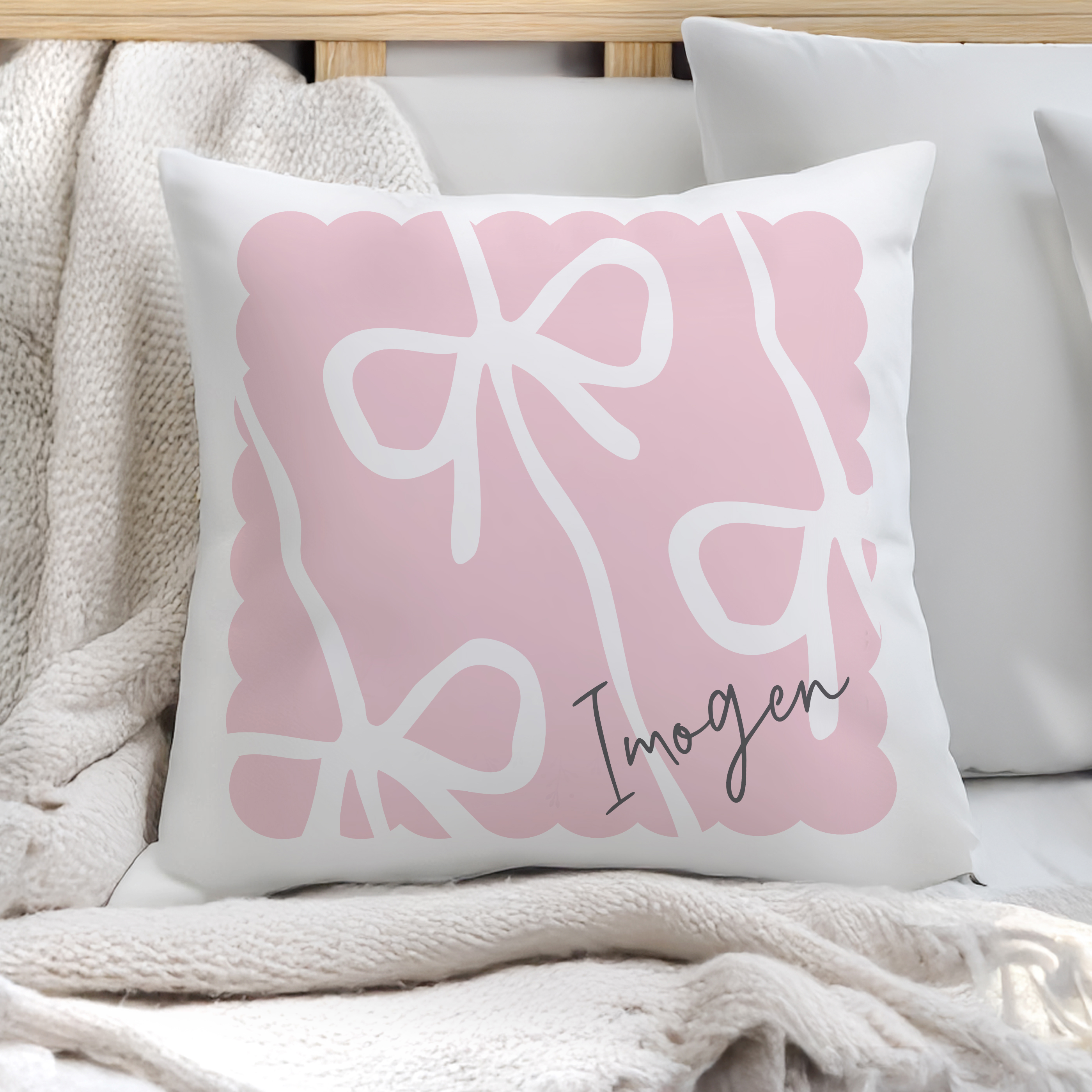 Personalised Pink Bow Cushion with Name 40cm Decorative Pillow