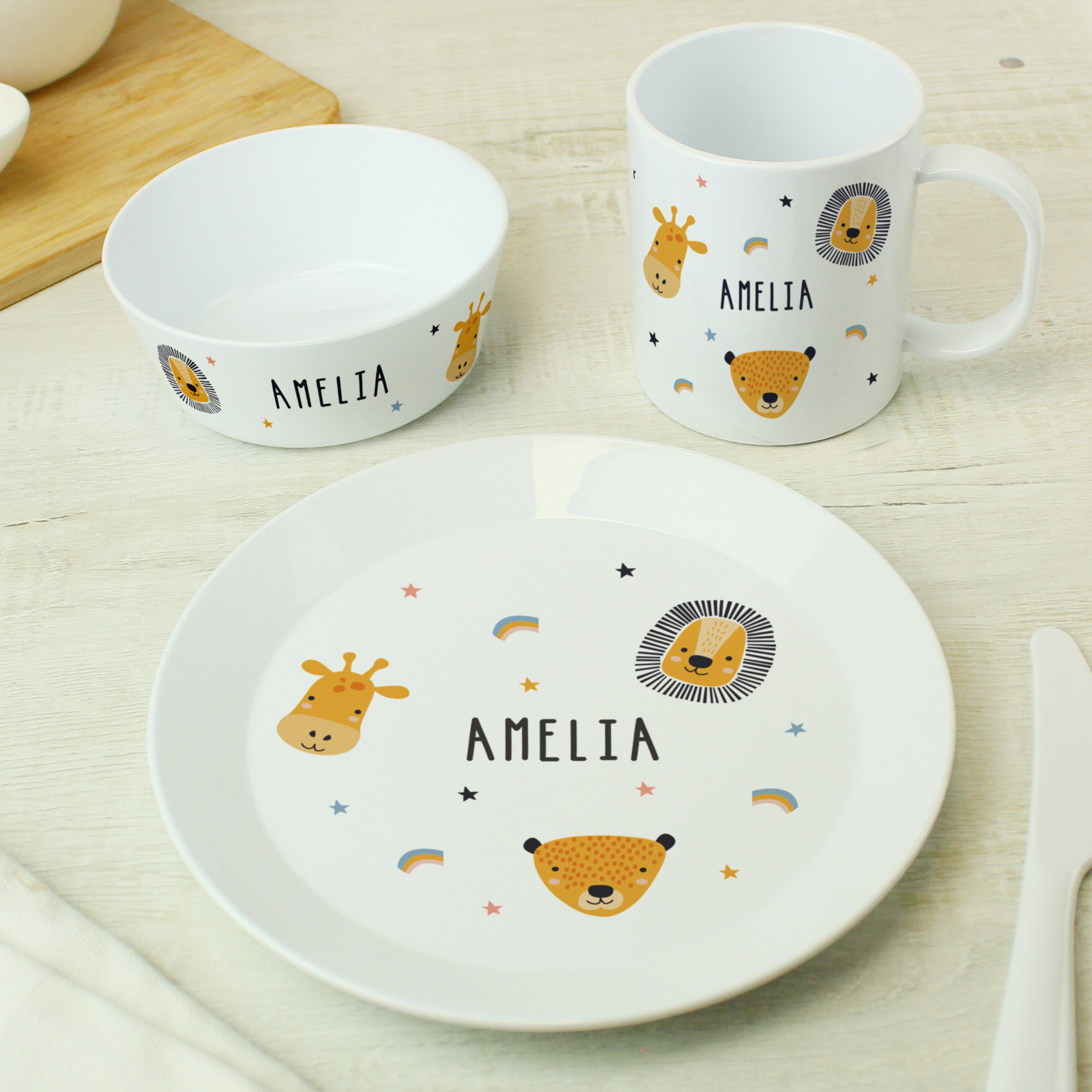 Personalised Safari Animals Children’s Breakfast Set Plate Bowl Mug