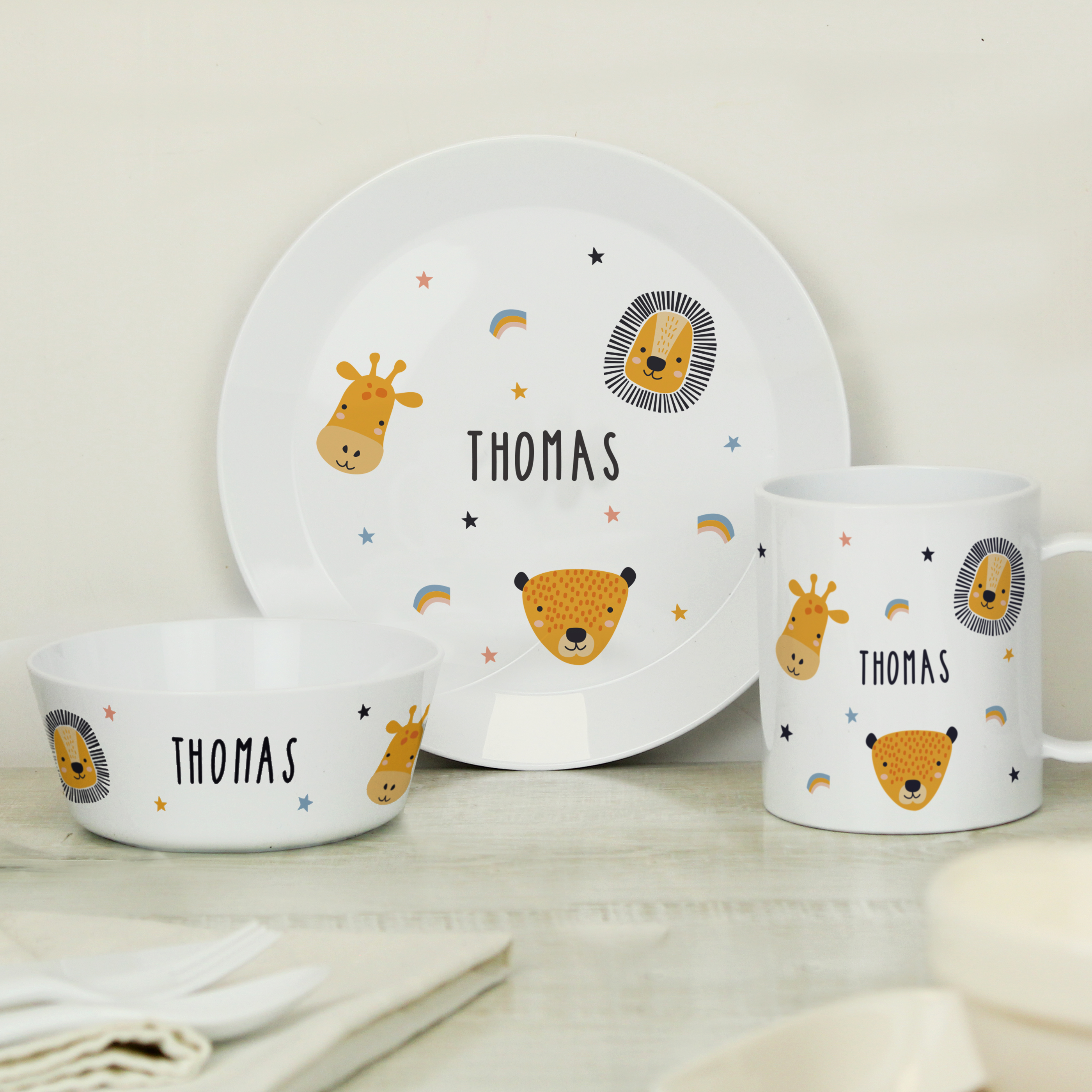 Personalised Safari Animals Children’s Breakfast Set Plate Bowl Mug