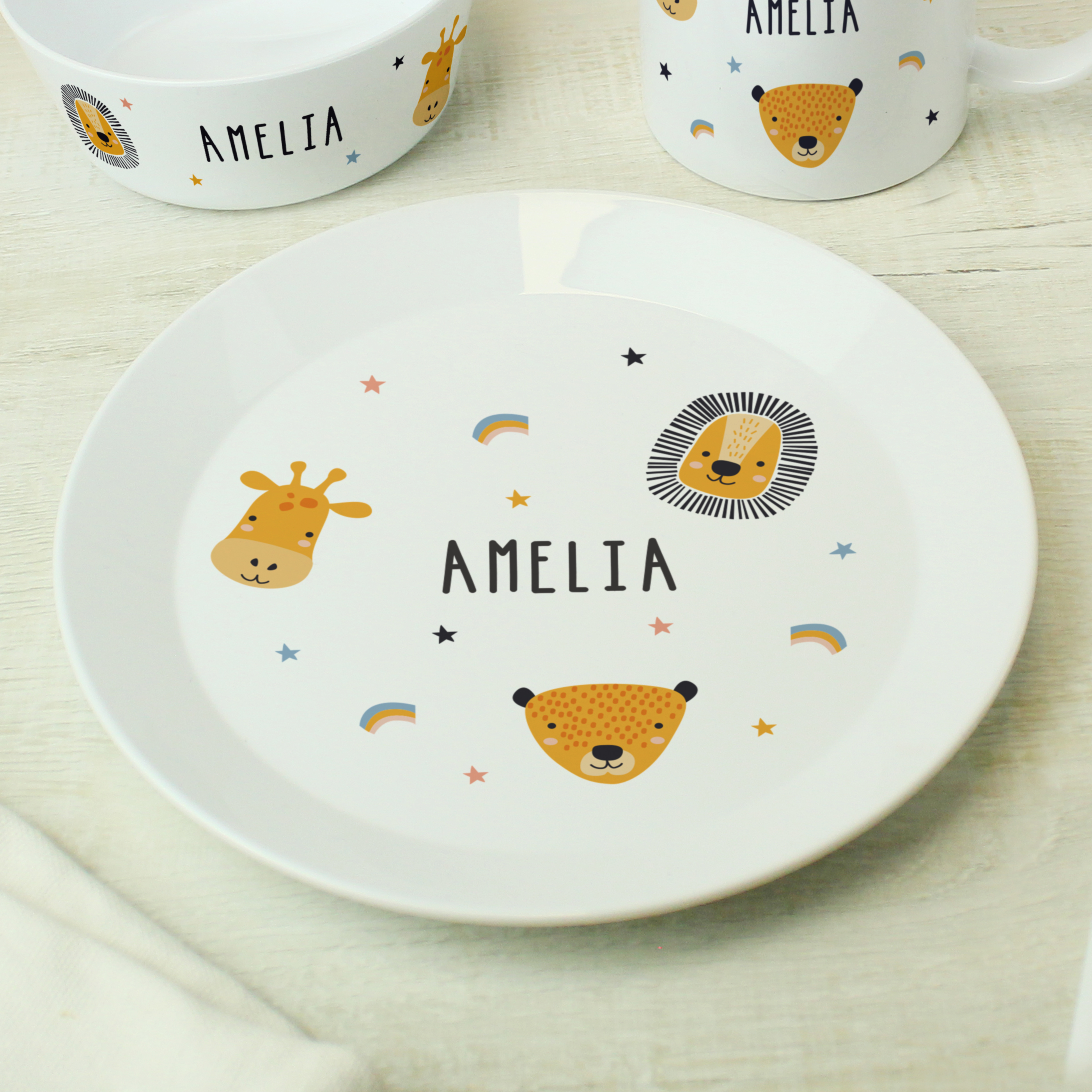 Personalised Safari Animals Children’s Breakfast Set Plate Bowl Mug