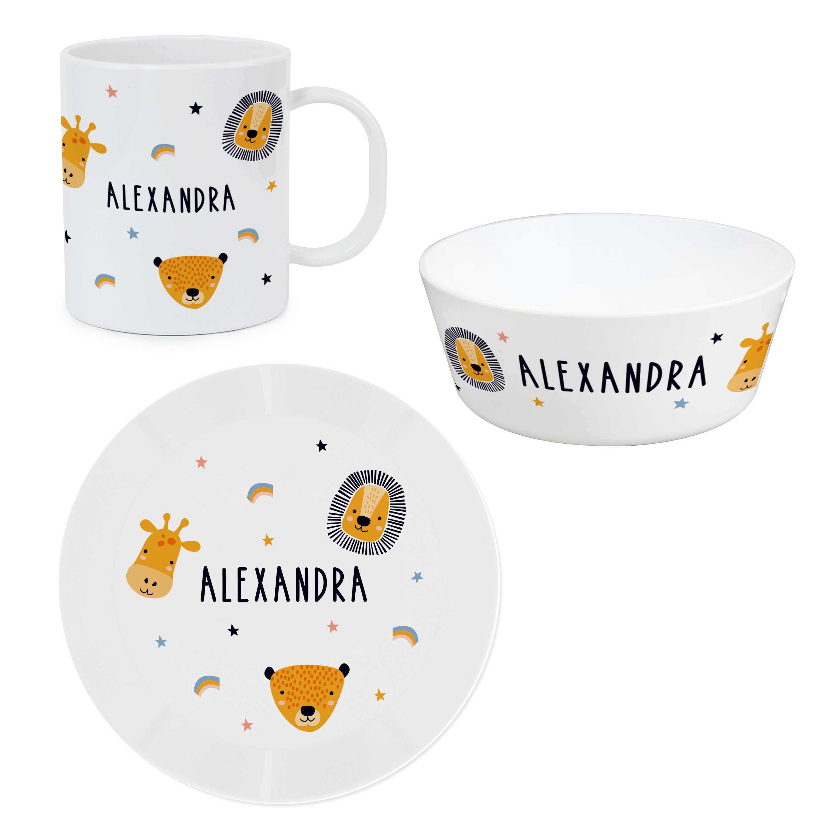 Personalised Safari Animals Children’s Breakfast Set Plate Bowl Mug