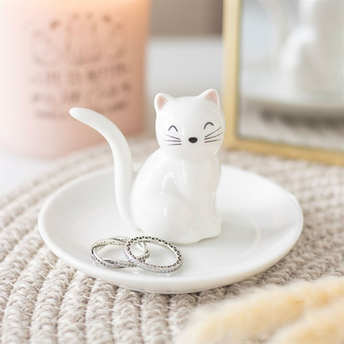 Sitting White Cat Ceramic Trinket Dish
