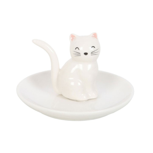 Sitting White Cat Ceramic Trinket Dish